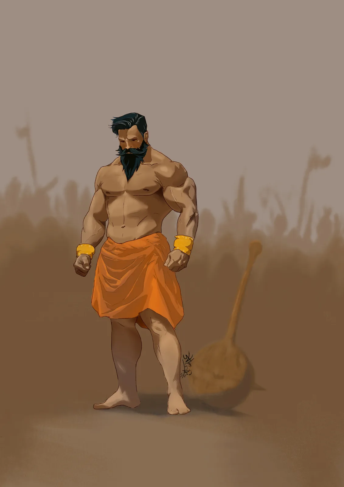 A muscular, bearded man in an orange loincloth and gold wristbands stands confidently, with a large wooden mace lying on the…