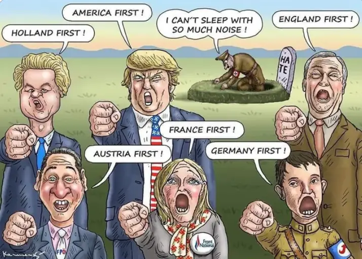 A cartoon depicts several political figures, including caricatures of Donald Trump, Marine Le Pen, and others, shouting…