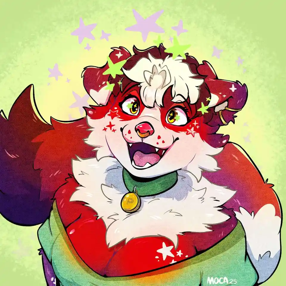 A cartoon anthropomorphic animal with red and white fur, wearing a green collar with a gold tag, has a wide, excited grin…