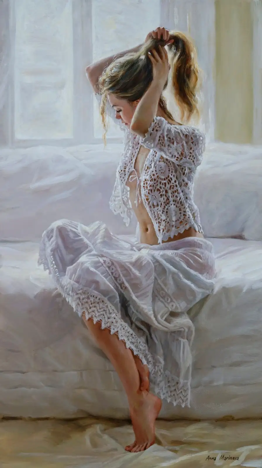 A woman in a white lace robe sits on a bed, tying her hair into a ponytail. The overlaid text reads 'i'm not lazy, i'm just…