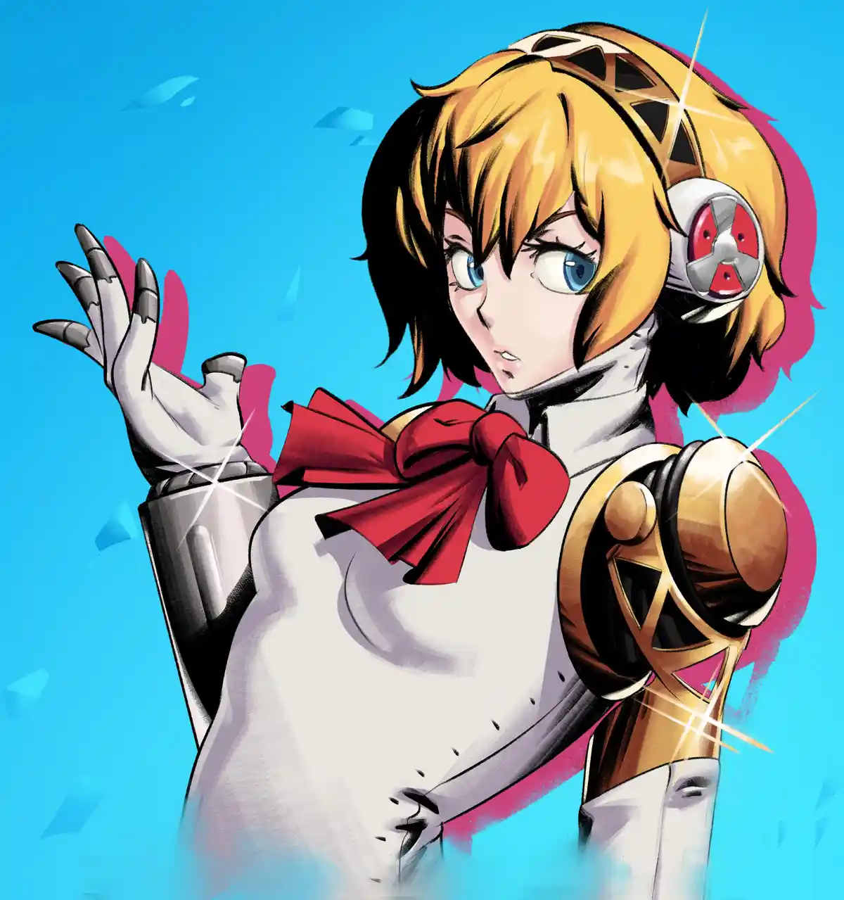 An anime-style illustration of a young woman with short blonde hair, blue eyes, and a surprised expression, wearing a white…