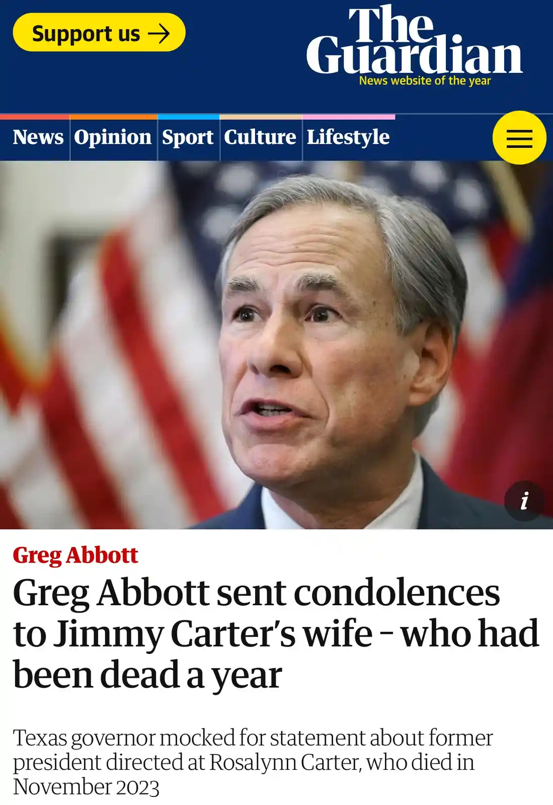 The image shows a screenshot of The Guardian news website featuring a photo of Texas governor Greg Abbott. He is shown…