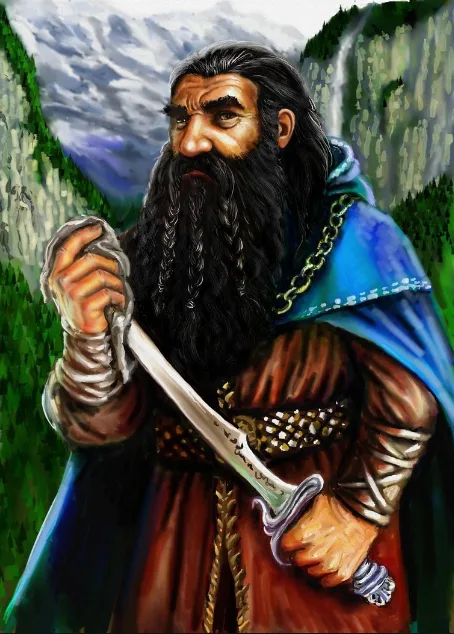 A digitally rendered illustration of a bearded, rugged-looking dwarf warrior with braided hair and a long beard, wearing a…