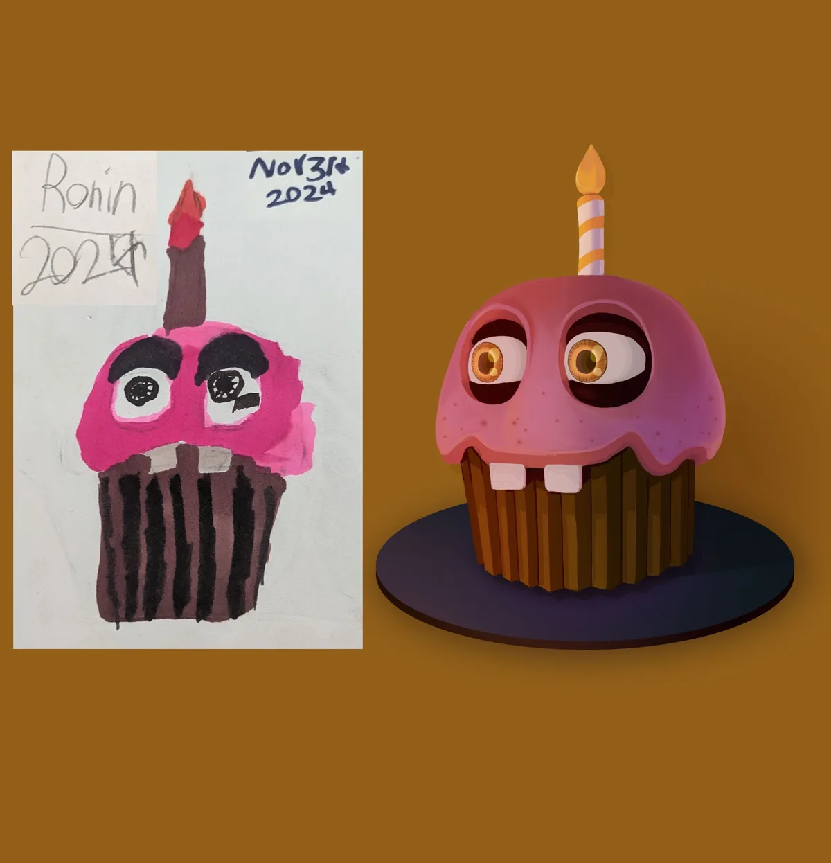 The image displays a side-by-side comparison: on the left, a child's crayon drawing of a pink-frosted cupcake with a candle…