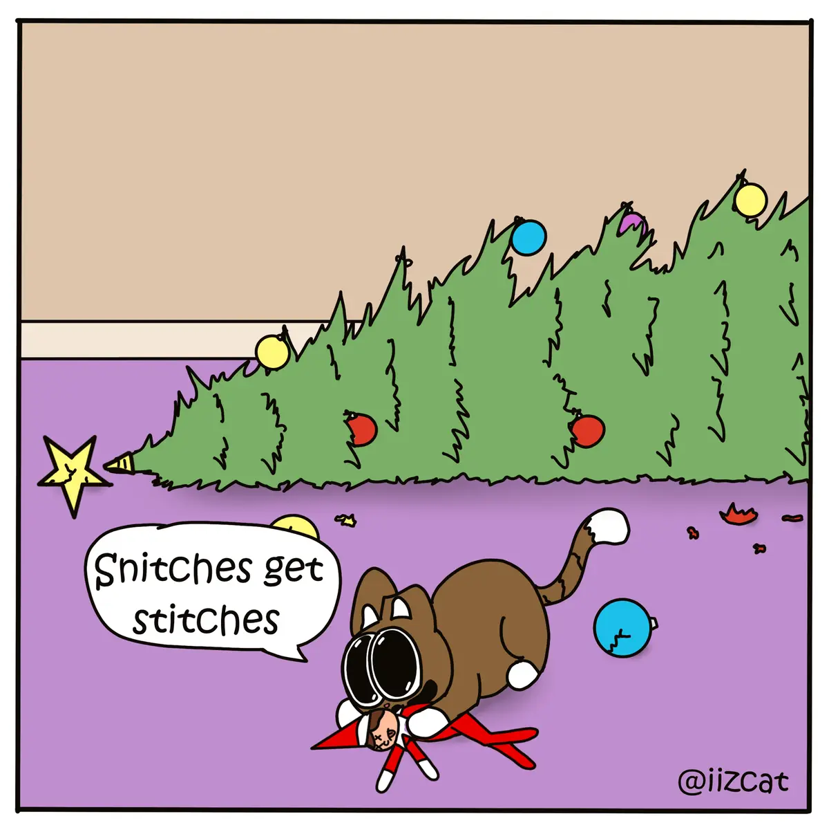 A cartoon cat in a red superhero costume is running across a purple lawn, holding a small doll with an 'x' for a face. A…