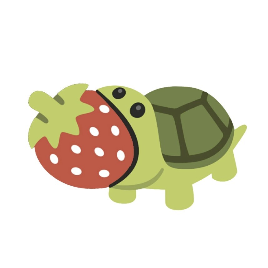 A cartoon green turtle with a simple, friendly design is shown holding a large red strawberry with white seeds and green…