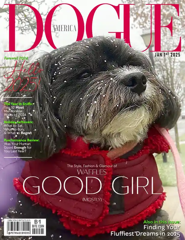 A dog wearing a red winter vest is featured on a magazine cover parodying Vogue America, dated January 1st, 2025. The dog…