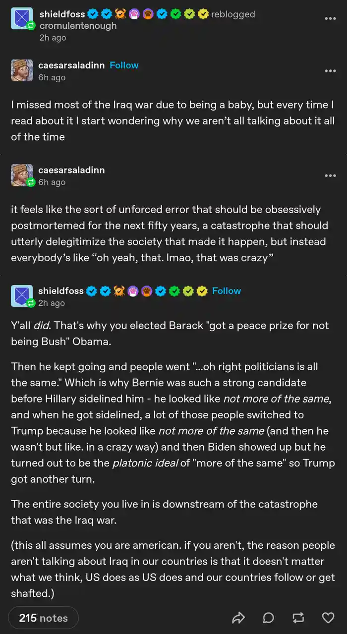A screenshot of a Tumblr post showing a conversation where one user laments society's lack of sustained discussion about the…