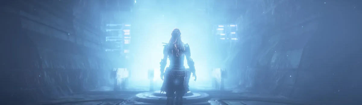 A video game character with braided hair and armor stands with their back to the viewer in a futuristic, blue-lit corridor…