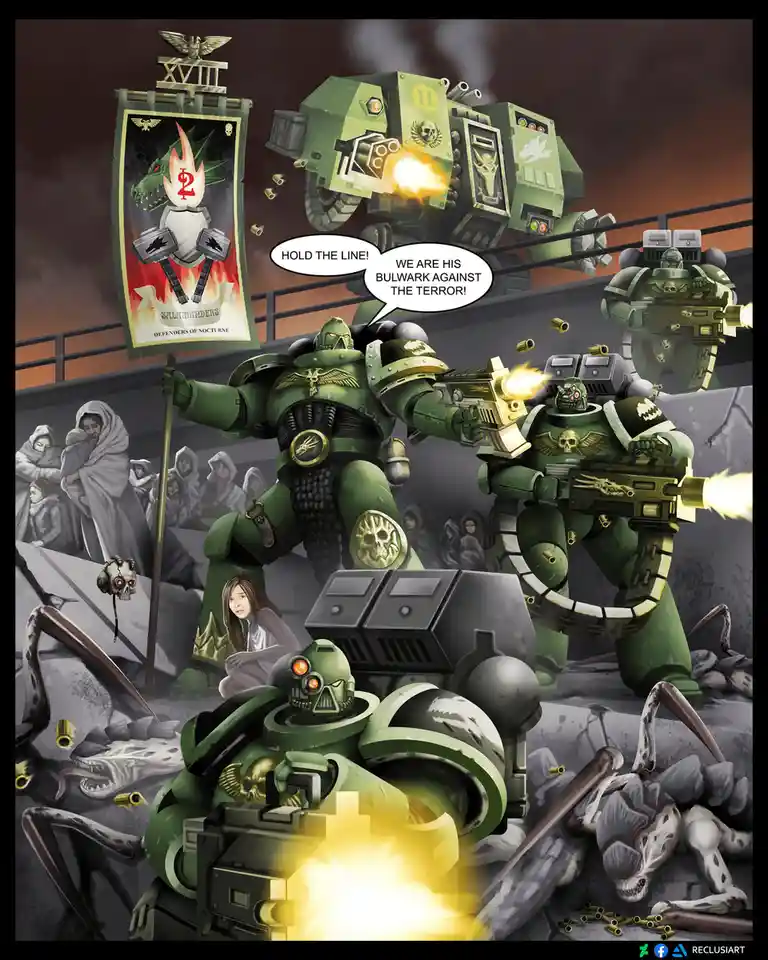 A dramatic illustration of green-armored Space Marines in battle, firing weapons amidst rubble and alien creatures, with a…