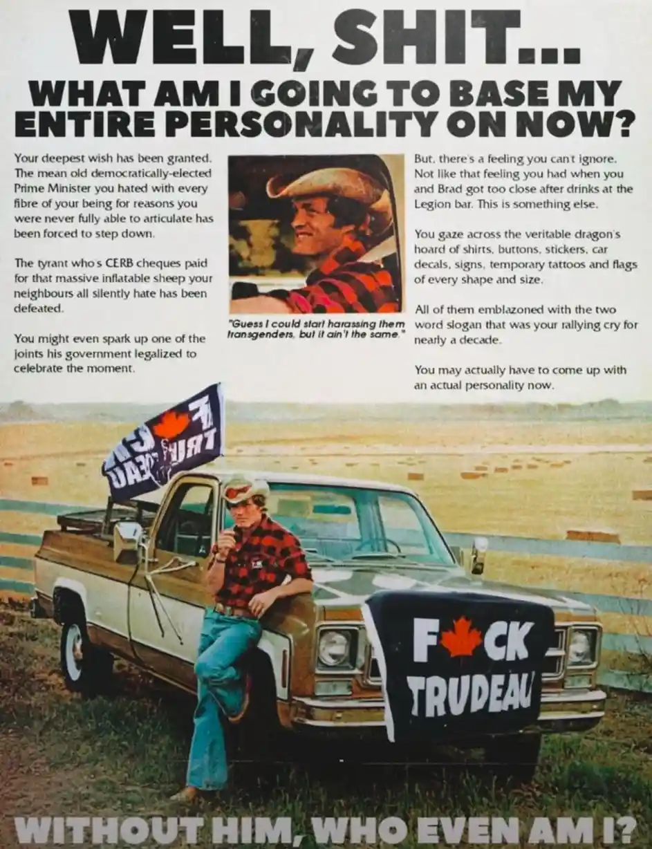 A vintage-style political satire image shows a man in a cowboy hat and plaid shirt leaning against a pickup truck adorned…