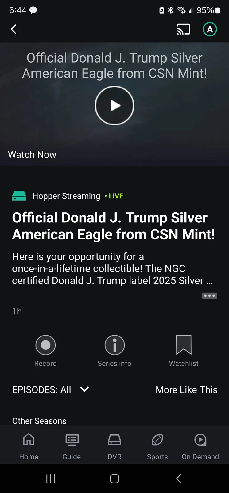 A screenshot of a TV streaming app interface showing a live event titled 'Official Donald J. Trump Silver American Eagle…