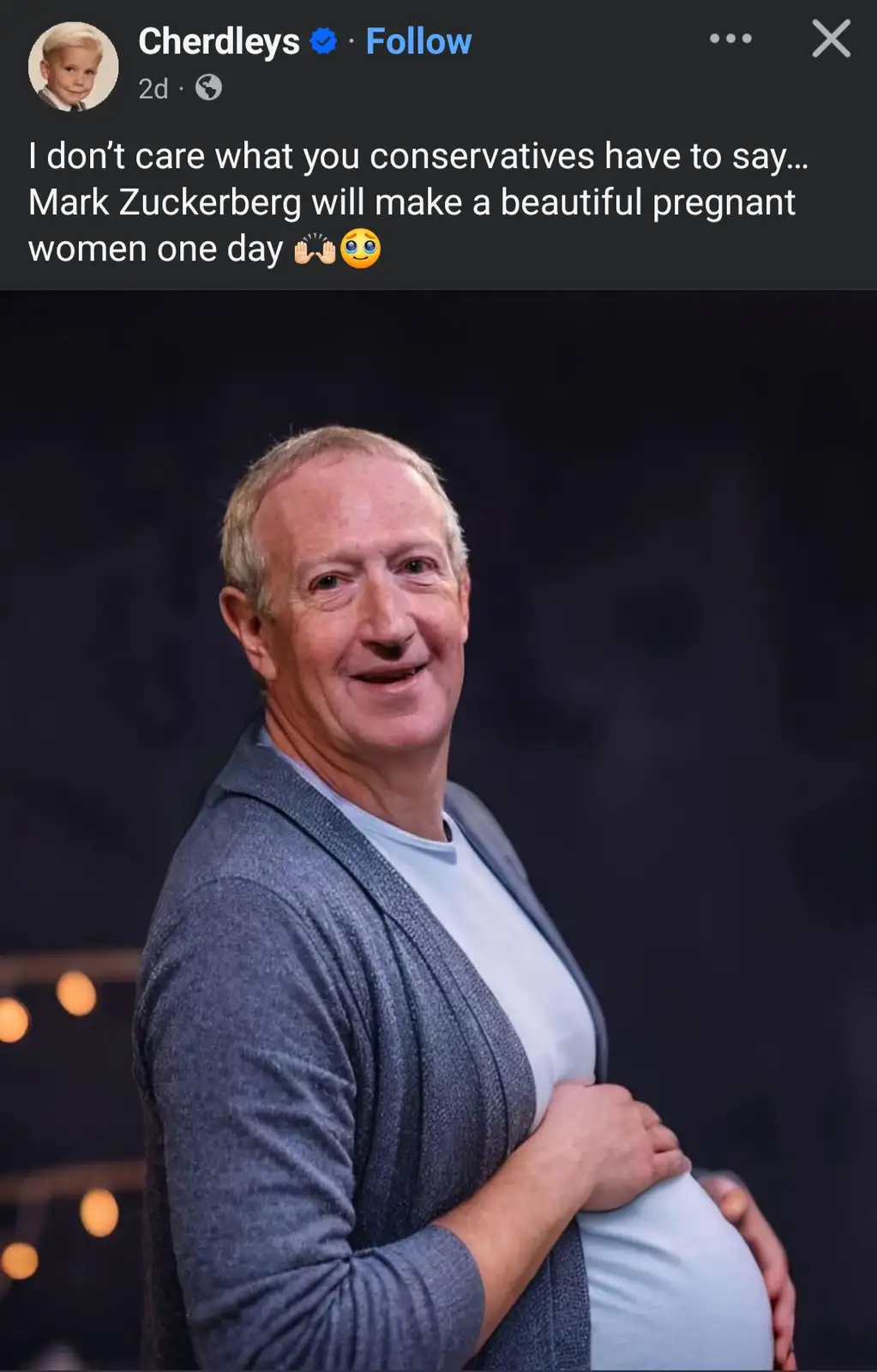 A digitally altered image shows Mark Zuckerberg with a pregnant belly, wearing a grey cardigan over a white t-shirt, smiling…