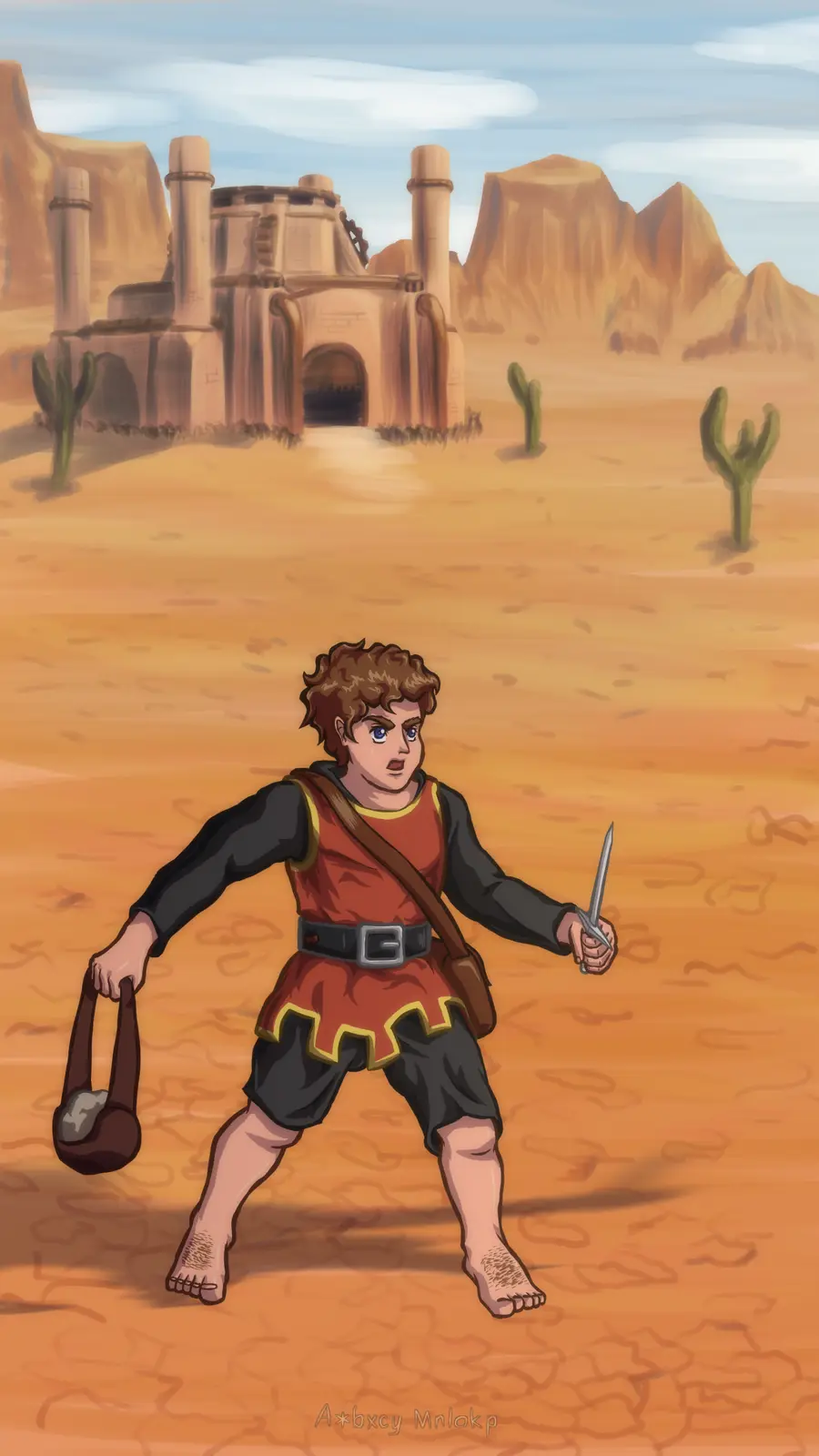 A cartoonish, barefoot man with curly brown hair and blue eyes stands in a desert, holding a small sword in one hand and a…