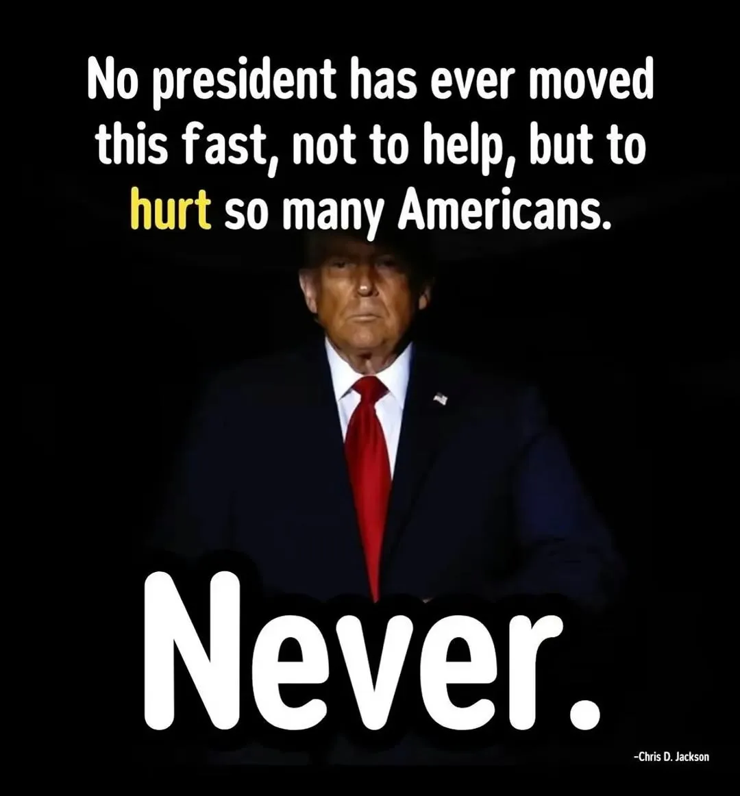 A dark image of Donald Trump in a suit and red tie, with white text at the top reading 'No president has ever moved this…