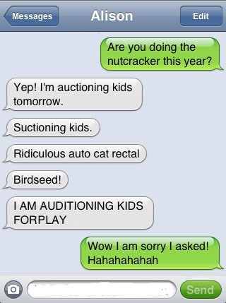 A screenshot of a text message conversation between two people, where one asks if the other is doing 'the nutcracker this…