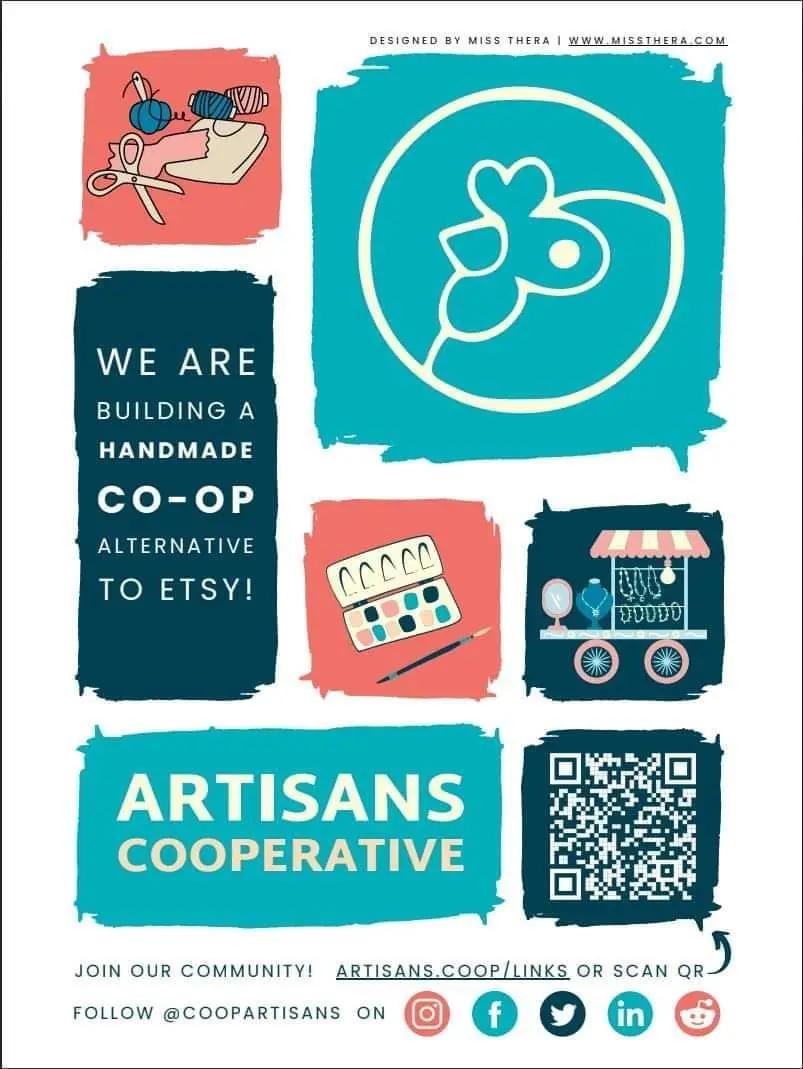 A promotional poster for 'Artisans Cooperative' features colorful, hand-drawn illustrations of crafting tools like scissors…