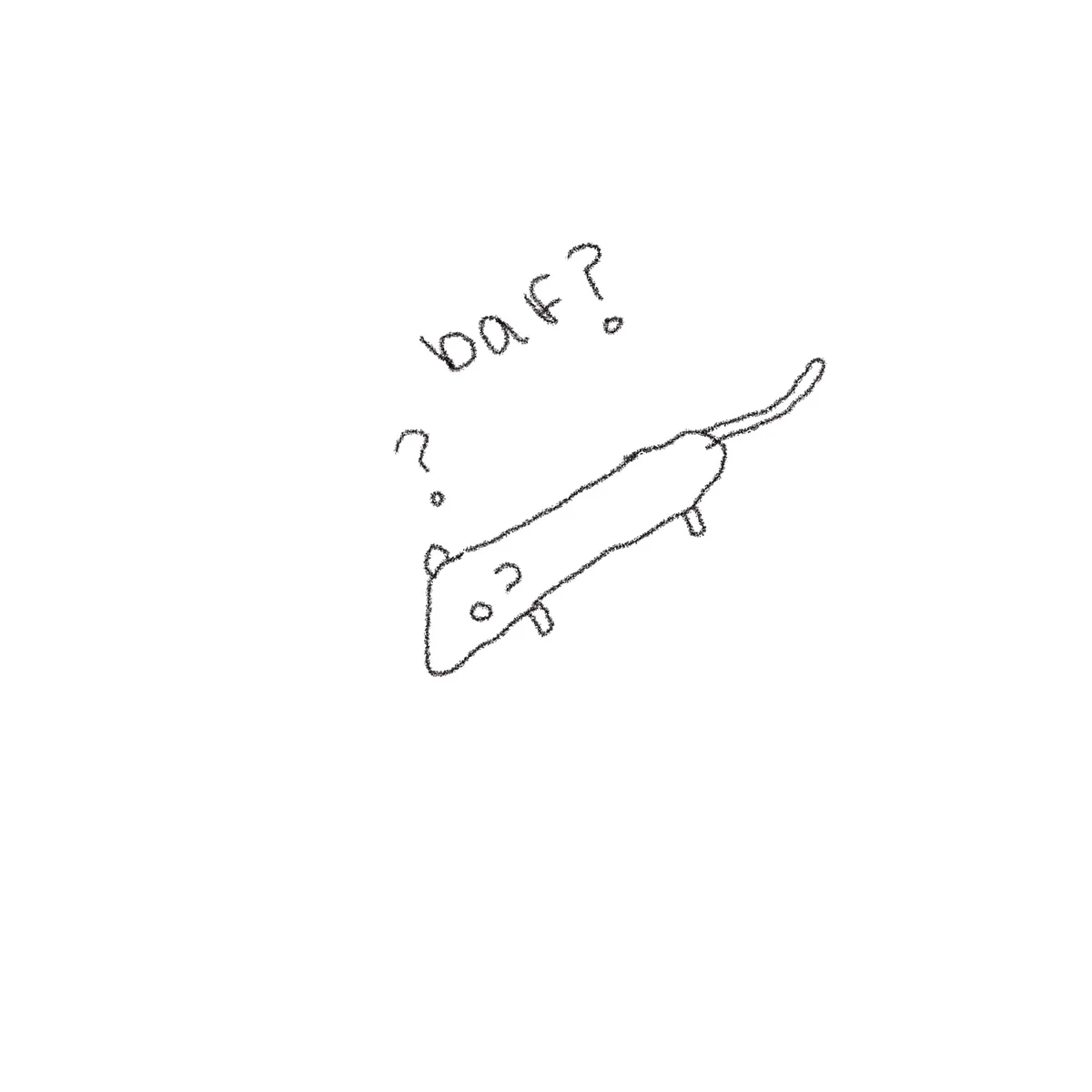 A simple, childlike black-and-white drawing of a mouse with a long tail and small ears, drawn with a shaky, textured line…