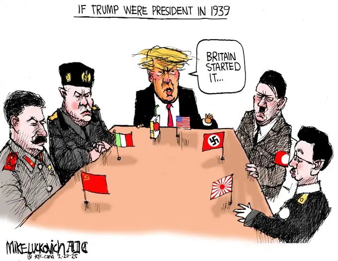 A political cartoon depicts Donald Trump seated at a conference table with historical figures including Stalin, Hitler, and…
