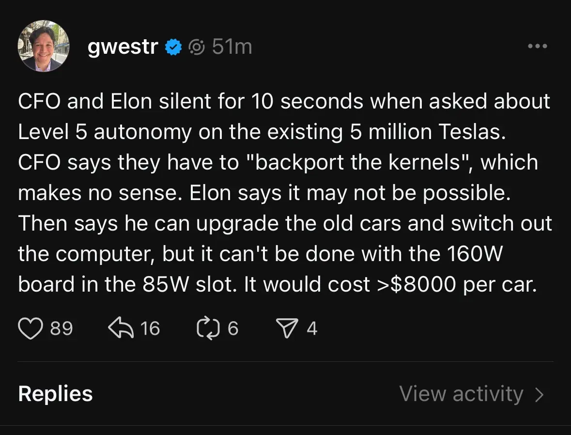 A screenshot of a Twitter post by user 'gwestr' detailing a conversation where Tesla's CFO and Elon Musk are silent for 10…