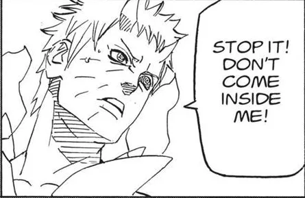 A black-and-white manga panel shows a young man with spiky hair and a determined, slightly panicked expression, his hand…