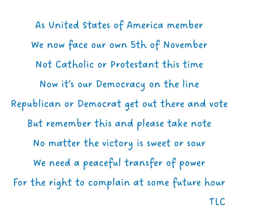 The image displays blue handwritten-style text on a plain white background, resembling a poem or proclamation. The text…