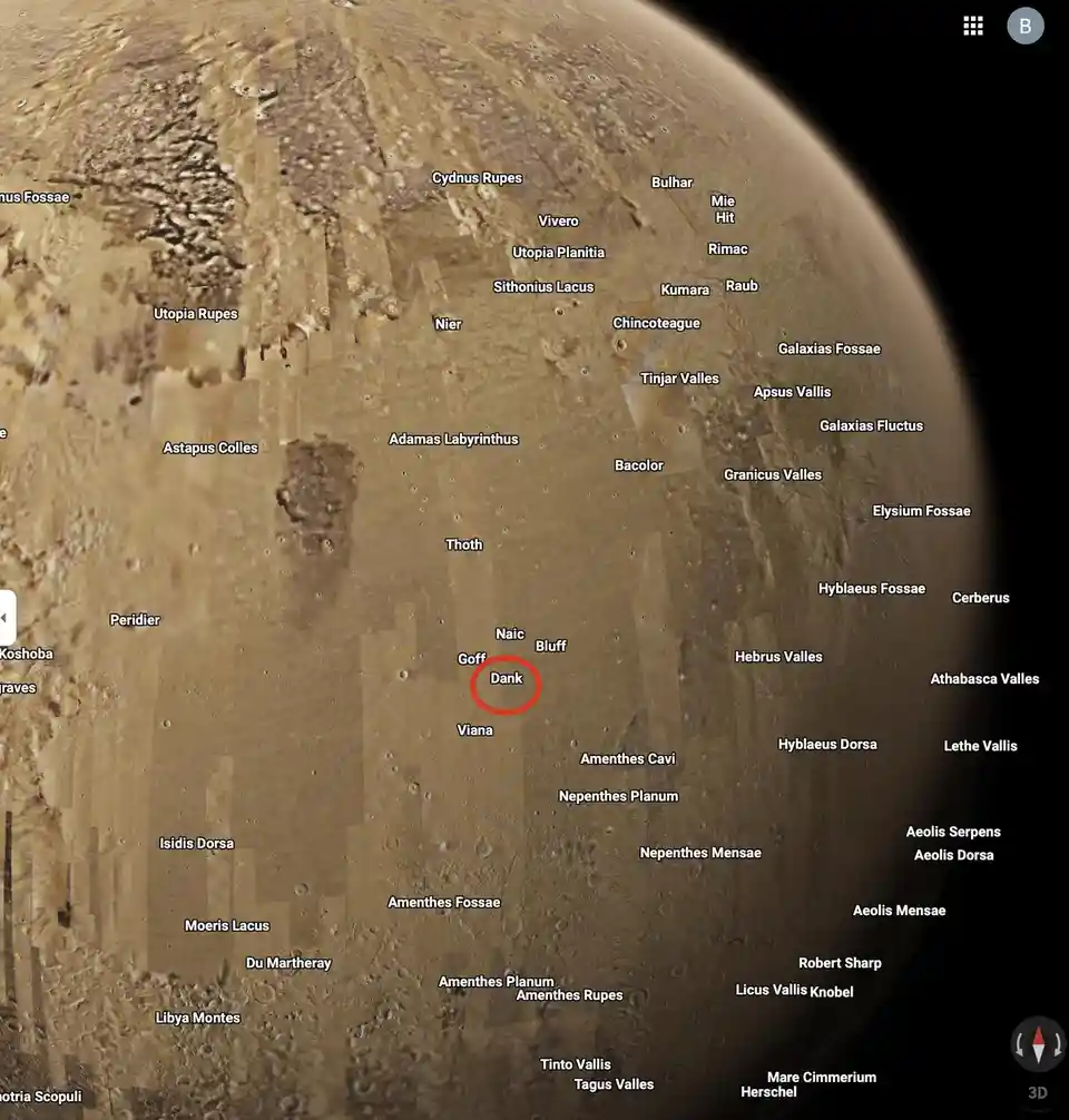 A map of Mars showing various geographical features with labels like 'Utopia Planitia' and 'Amenthes Fossae'. A red circle…