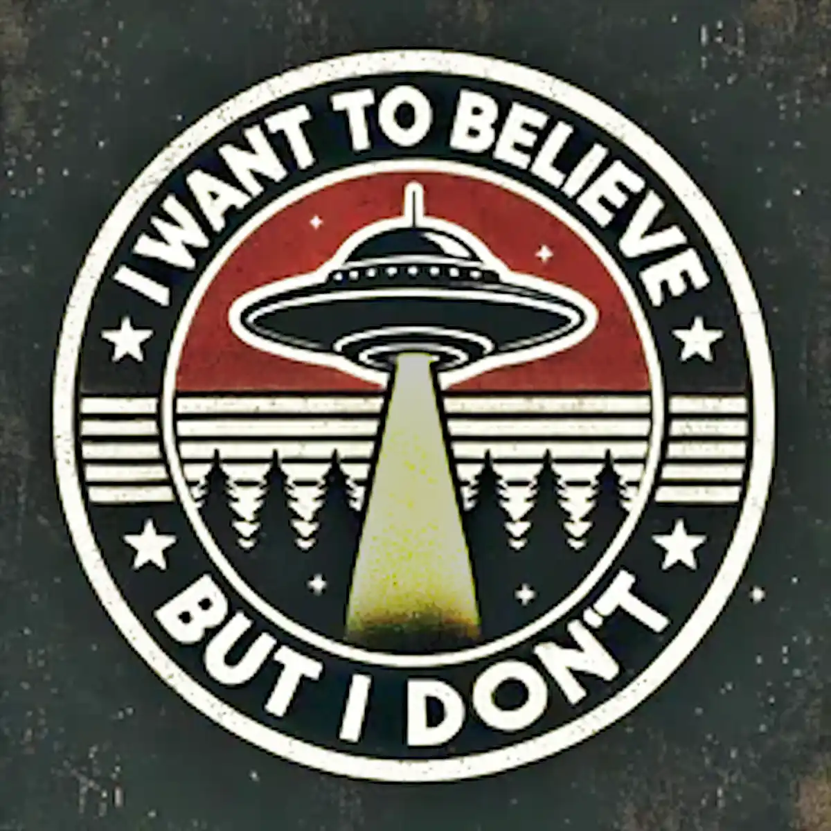 A circular, vintage-style emblem features a classic flying saucer hovering over a forest with a beam of light shining down…