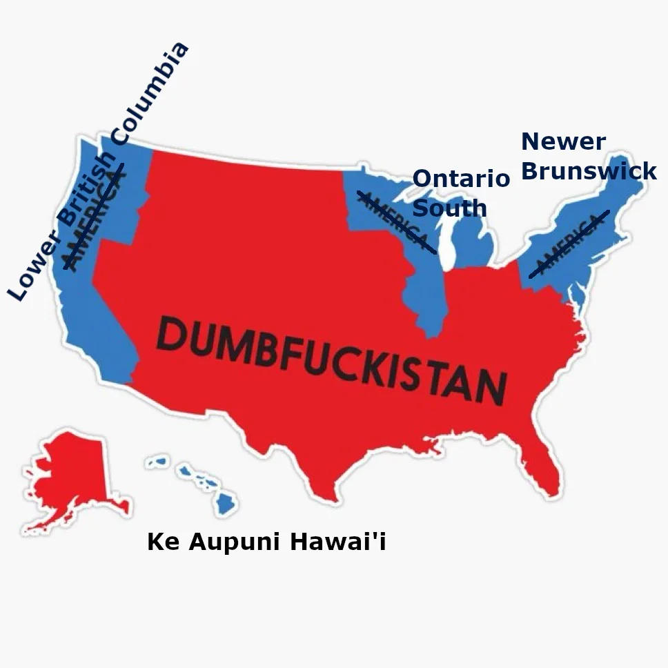A map of North America with the United States colored red and labeled 'DUMBFOCKISTAN', while Canada and Alaska are colored…
