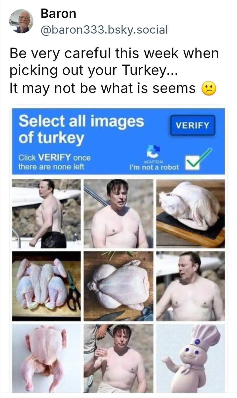 The image displays a CAPTCHA-style grid with nine photos: six show a shirtless man with a large belly, two show raw turkeys…