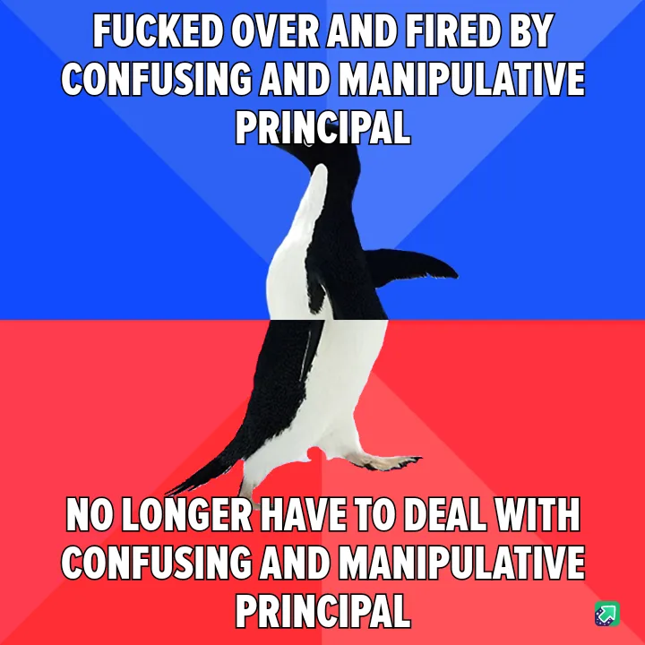 A penguin stands in the center of the image, split by a horizontal line, with a blue background above and a red background…