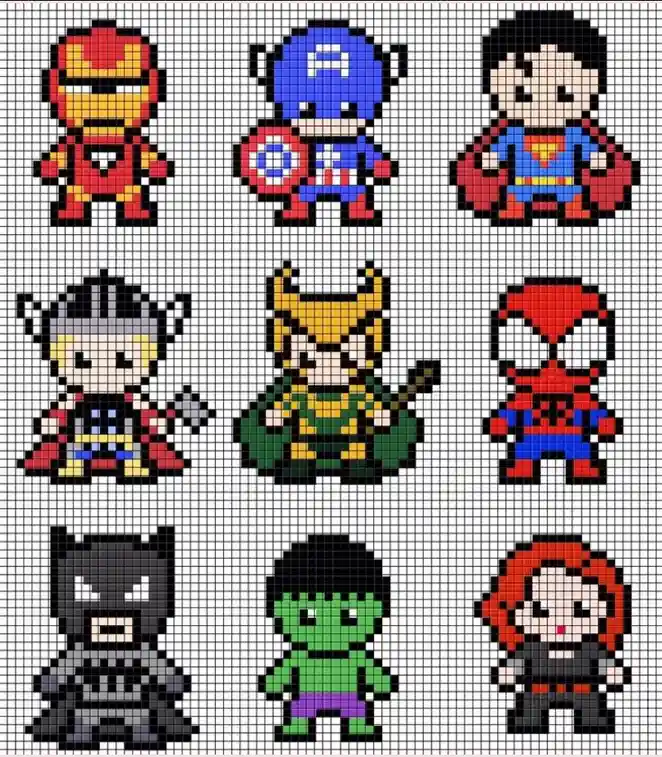 A grid of nine pixel art characters made from beads or perler beads, arranged in three rows of three. Each character is a…