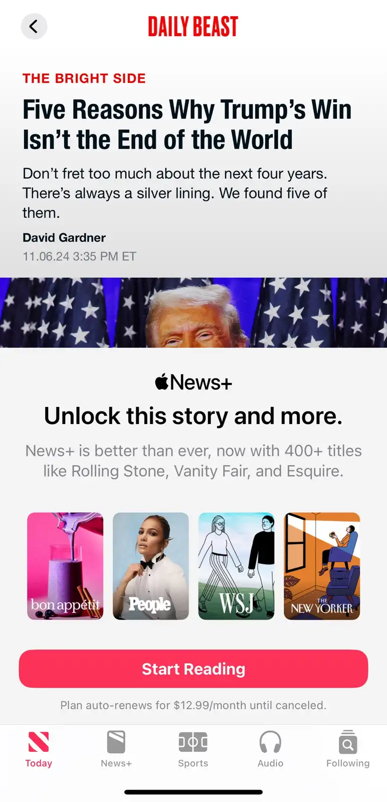 A screenshot of a Daily Beast article titled 'Five Reasons Why Trump's Win Isn't the End of the World' by David Gardner…