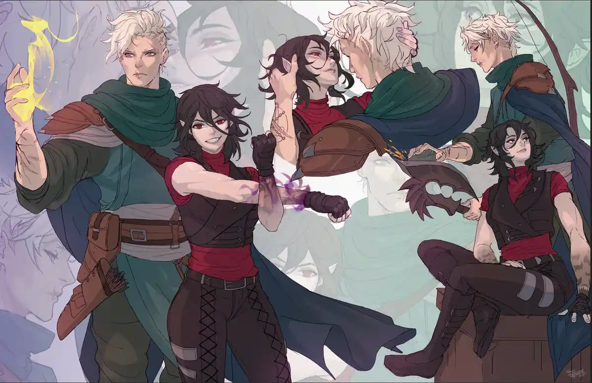 A composite anime-style illustration shows multiple scenes featuring a male character with white hair and a female character…