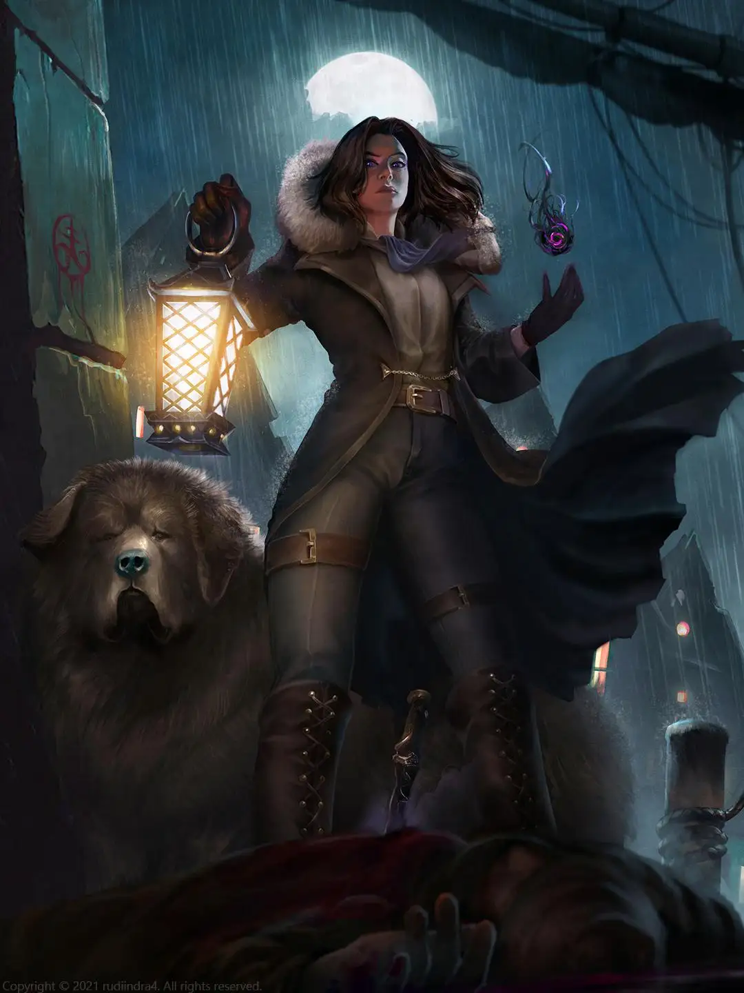 A woman in a dark, fur-lined coat stands in a rainy, moonlit alley holding a lit lantern in one hand and a glowing purple…