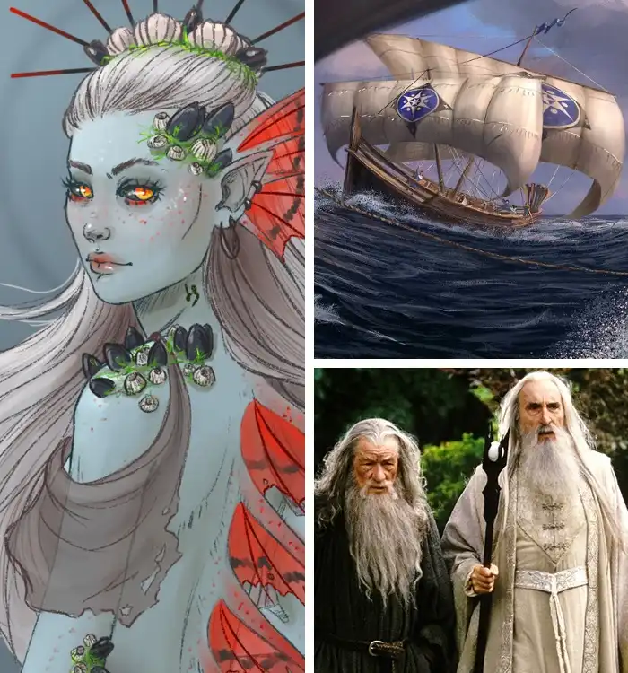 A collage of three images: a fantasy sea witch with glowing eyes and mussel-shell adornments, a sailing ship with a compass…
