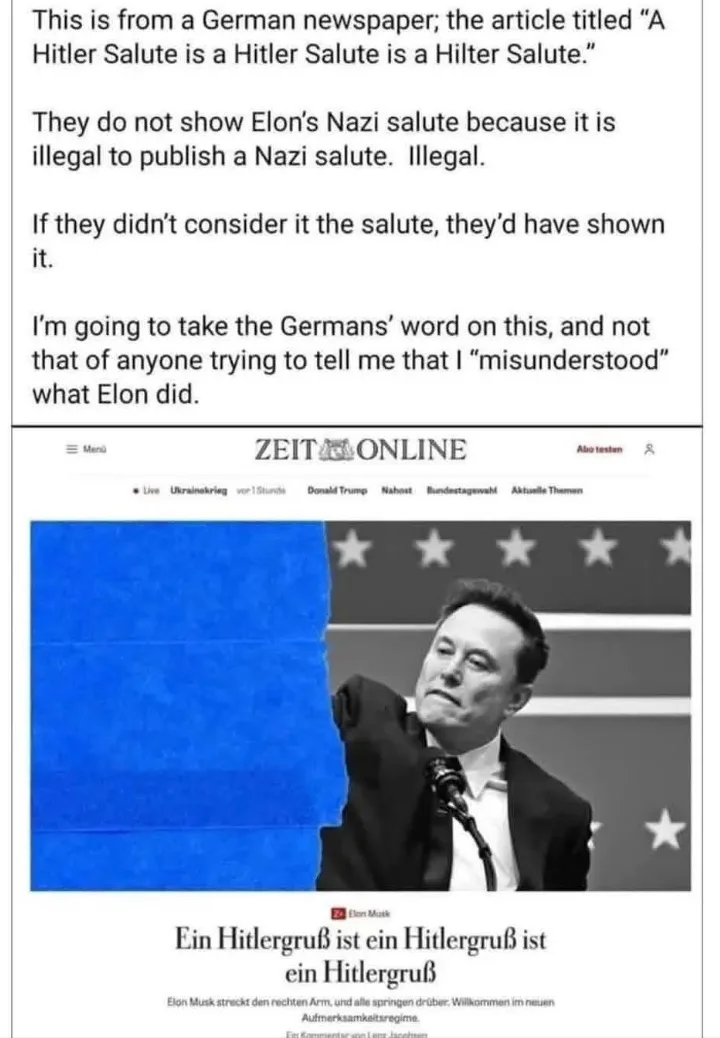 A screenshot of a German newspaper article from Zeit Online shows a black-and-white photo of Elon Musk raising his right arm…