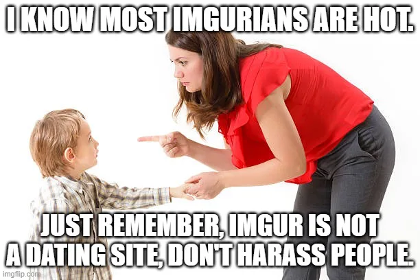 A woman in a red shirt leans over and points at a young boy in a plaid shirt, who is looking up at her. The text overlaid on…