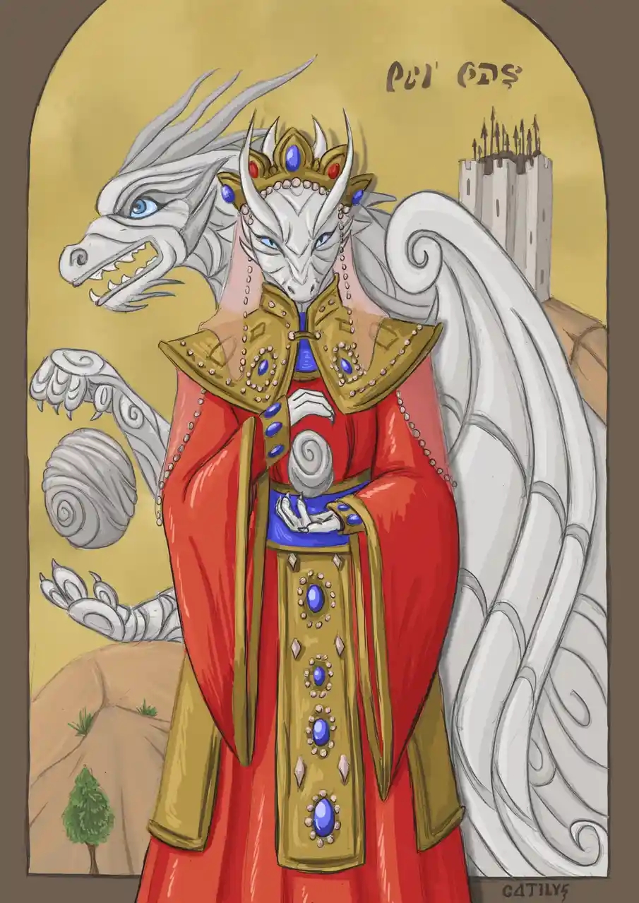 A regal, white dragon with blue eyes wears a jeweled crown and ornate red and gold royal robes, standing before a castle…