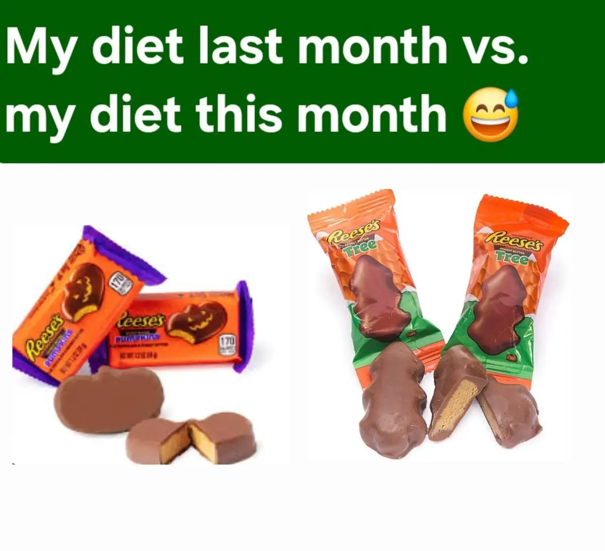 The image shows a side-by-side comparison: on the left, Reese's Pumpkin candies (heart-shaped, orange and purple wrappers)…