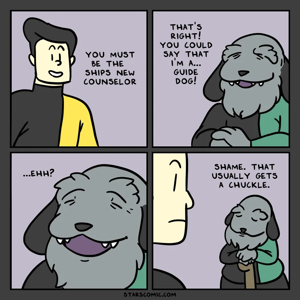 A four-panel comic strip shows a human in a yellow shirt introducing a grey, bearded dog-like creature as the ship's new…