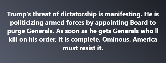 The image displays a plain dark gray background with white text overlaid. The text is a political statement alleging that…