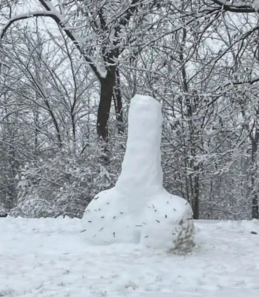 A snow sculpture shaped like a human torso with a disproportionately long neck, standing in a snowy park with bare trees…