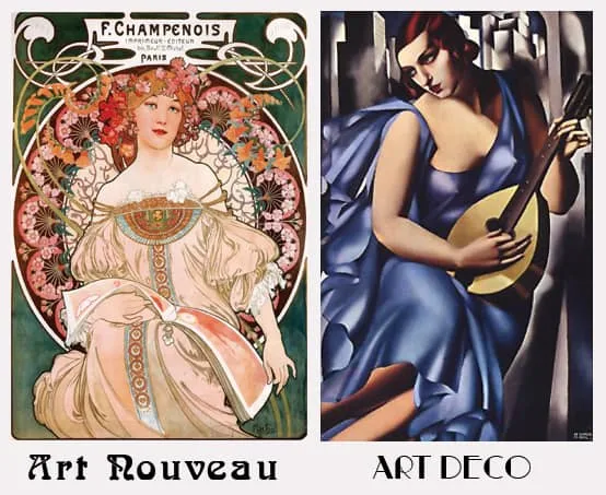 The image displays two side-by-side vintage posters. The left poster, labeled 'Art Nouveau,' features a woman in an ornate…