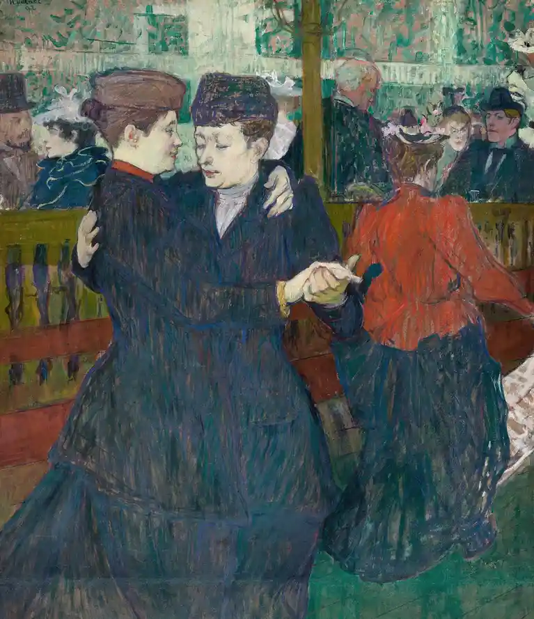 The image is a painting of two women in dark dresses and hats dancing closely in an outdoor setting, with other people in…