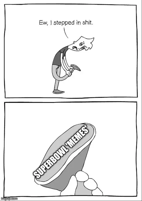 A two-panel comic shows a man grimacing and holding his foot in the top panel, with text saying 'Ew, I stepped in shit.' The…