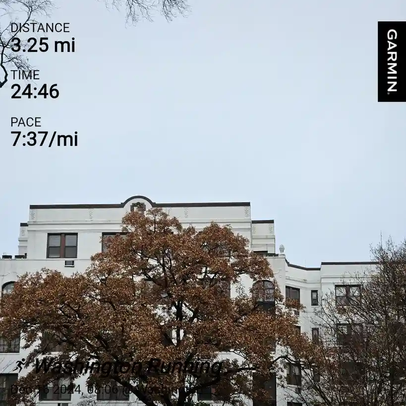 A screenshot of a Garmin fitness tracker displaying a running session: 3.25 miles distance, 24:46 time, and 7:37/mi pace…