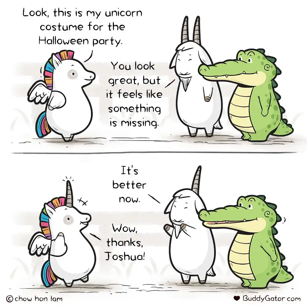 A two-panel cartoon shows a white unicorn with rainbow hair and wings showing off its Halloween costume to a goat and an…