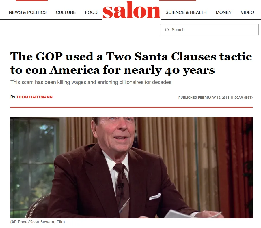 A screenshot of a Salon news article by Thom Hartmann from February 12, 2018, featuring a photo of former President Jimmy…