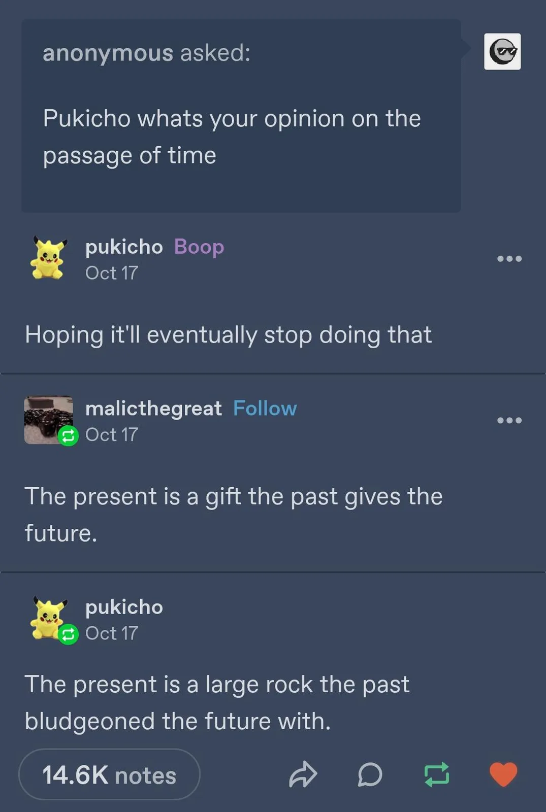 A screenshot of a Tumblr thread shows an anonymous user asking 'Pukicho' for an opinion on the passage of time. Pukicho…